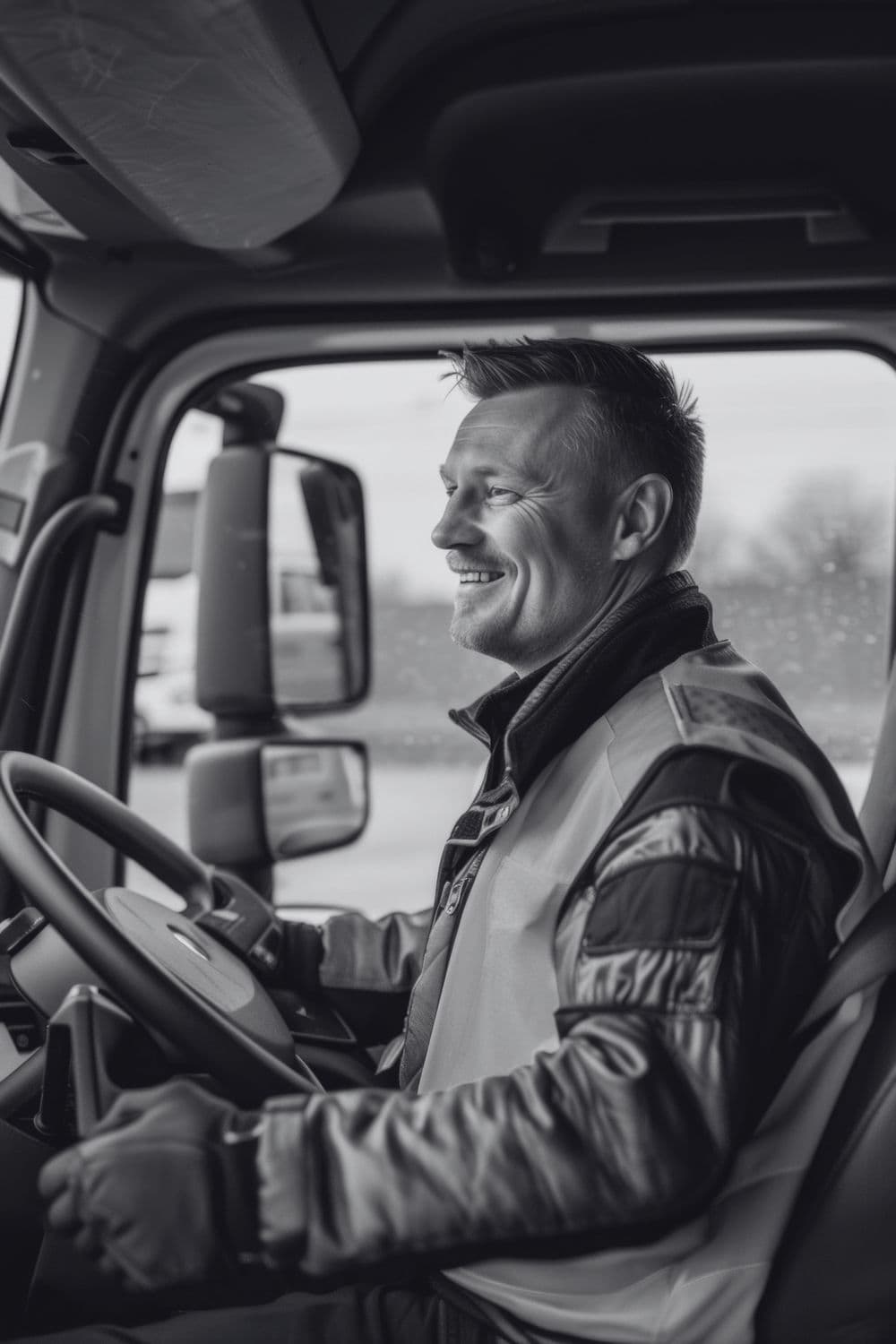 Motorista sorrindo ao volante de um caminhão